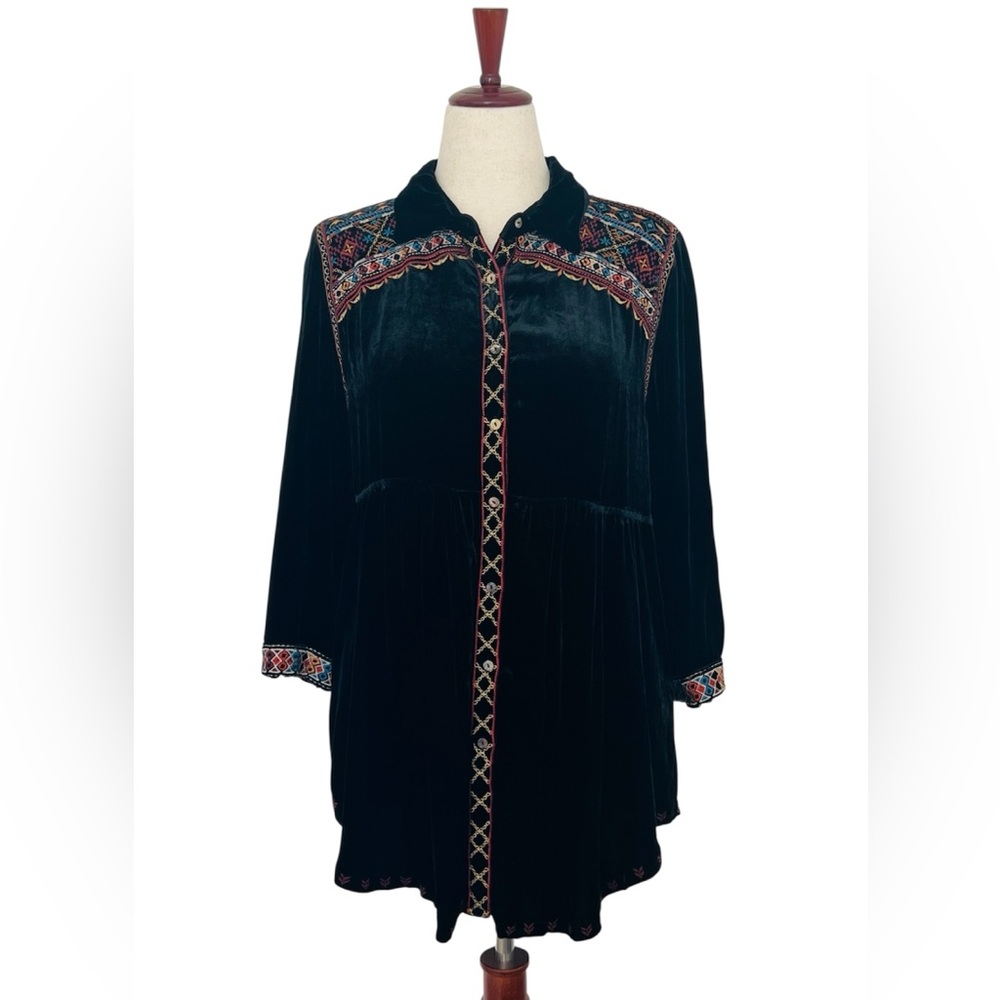 Johnny Was Luxury Black Silk Blend Velvet Clarissa Embroidered Tunic Dress Sz L